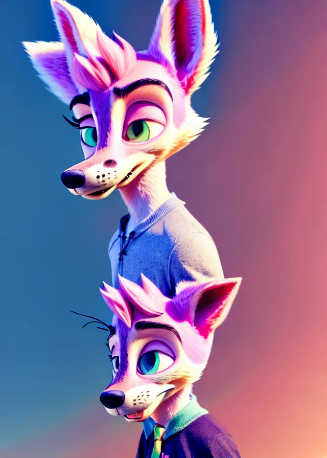 Image similar to portrait of a cute male boy with pink hair and pink wolf ears and freckles stylish clothes in a city in the style of zootopia, disney, volumetric lighting, subsurface scattering, photorealistic, octane render, random artists