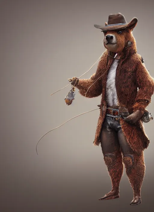 Image similar to detailed full body concept art illustration fuzzy oil painting of an anthropomorphic capybara cowboy in intricate clothing, biomutant, ultra detailed, digital art, octane render