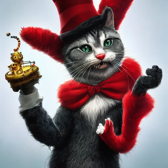 Prompt: complex 3 d render, hyper detailed, ultra sharp, cat in the hat, scary, cute, cinematic, head and shoulders, steampunk, natural soft light, rim light, octane render, artstation, art by artgerm and greg rutkowski and alberto seveso, dr seuss