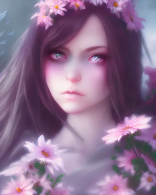 Prompt: dark angel surrounded by mist and pretty flowers, very detailed, realistic face, detailed face, matte, tonemapping, bbwchan, perfection, 4 k, cushart krenz, cinematic, atmospheric