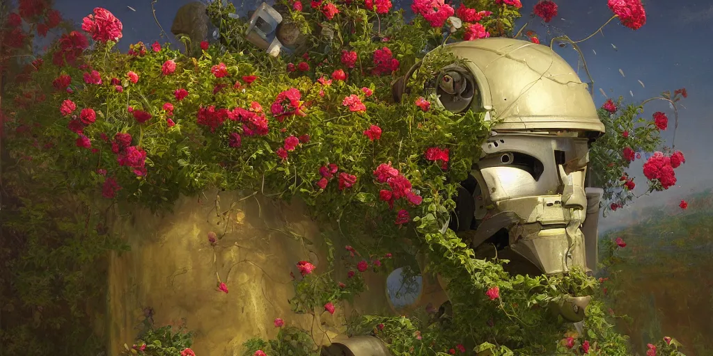 Prompt: robot head with flowers growing out, Thomas Cole, artgem, Tyler Edlin and Jean Delville, wide angle, minimalistic, highly detailed, masterpiece