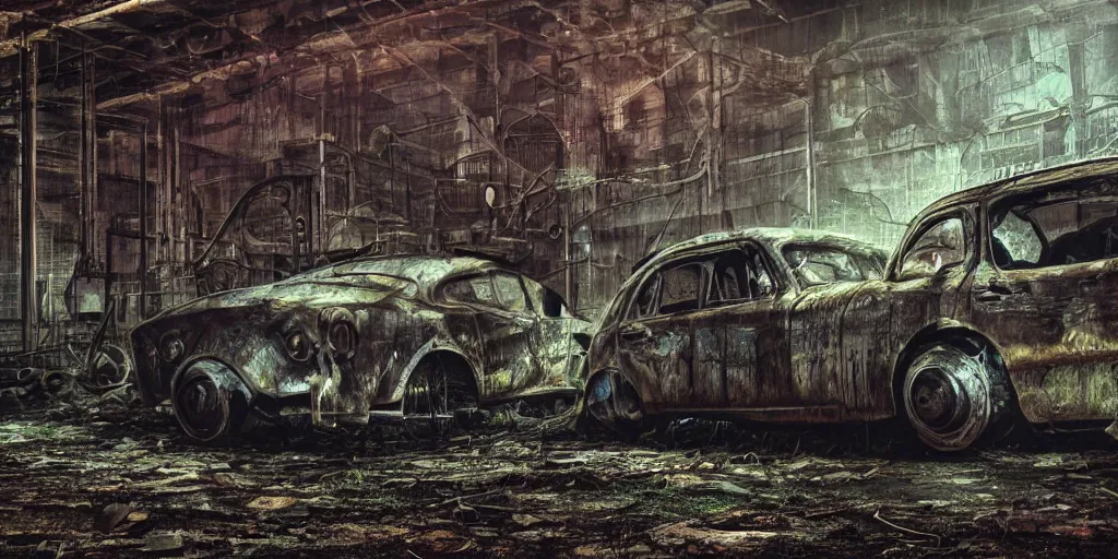 Image similar to close up of a car in an old industrial car factory, a ghostly figure is walking between the broken cars, everything is rusted and broken and covered in moss, night time low light, spooky and scary atmosphere, artstation,