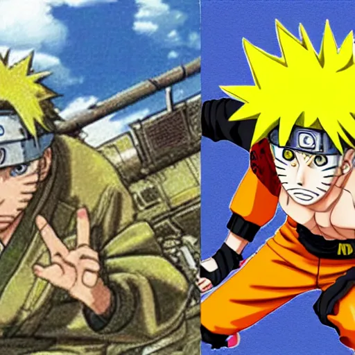 Prompt: naruto uzumaki in metal slug z in the style of alan bean