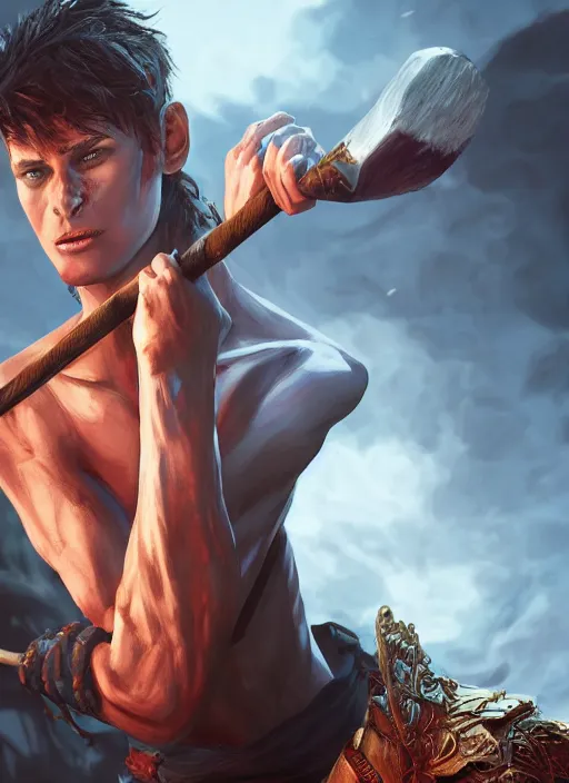 Image similar to an epic fantasy comic book style portrait painting of a skinny, lean and cruel man with a club, unreal 5, daz, hyperrealistic, octane render, cosplay, rpg portrait, dynamic lighting