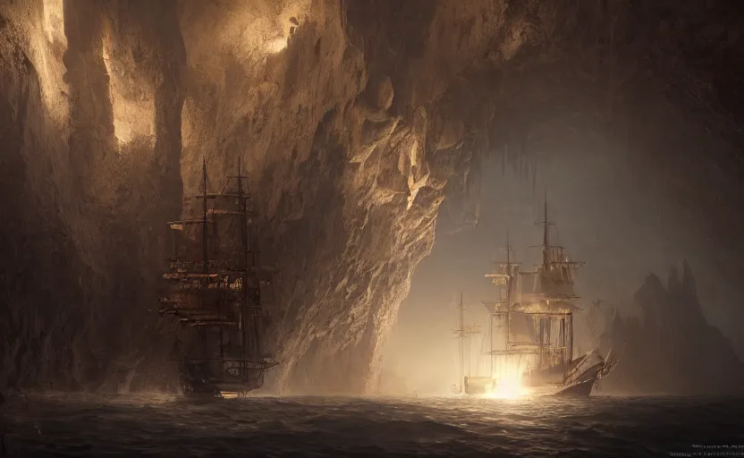 Image similar to A singular big galleon ship, three masts, front and center, in a cave. Underexposed, dark, centered. Atmospheric matte painting by Darek Zabrocki and Emmanuel Shiu, 4k ultra detailed