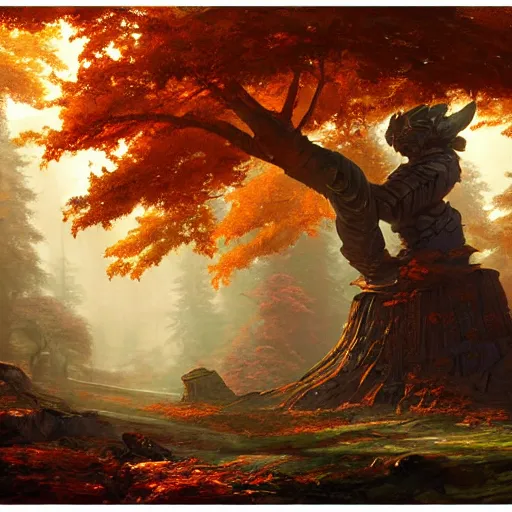 Prompt: autumn forest with a single giant crumbling copper warrior statue, fantasy concept art by tyler edlin, antoine blanchard, thomas cole