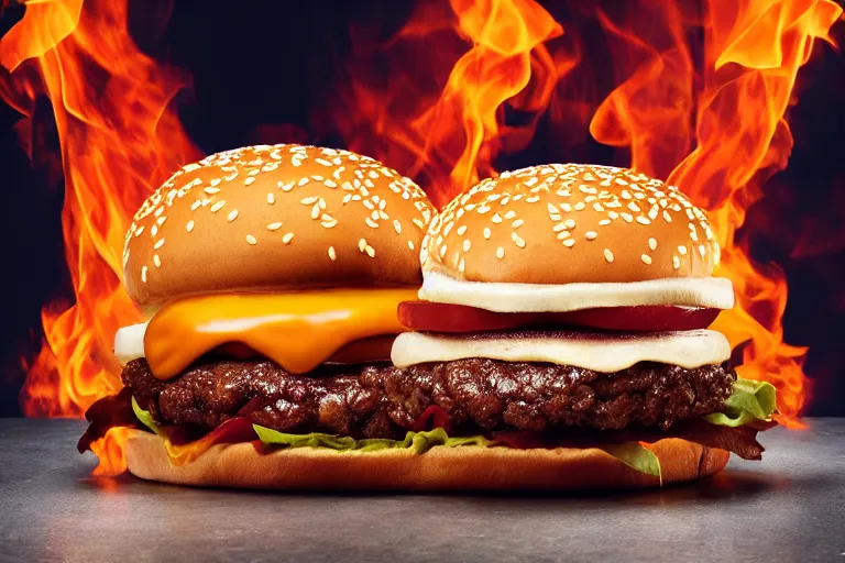 Image similar to mcdonalds hamburger on fire, commercial photography