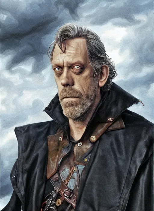 Prompt: hugh laurie as odin, wearing a eye-patch!, missing an eye, eyepatch, a raven on his shoulder, dark background, stormy clouds, hyperrealistic, very detailed painting by Glenn Fabry, by Joao Ruas, by Artgerm