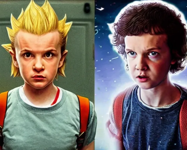 Prompt: eleven from stranger things going super saiyan