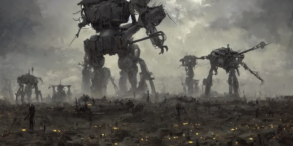 Prompt: war of the worlds, giant mech, human soldiers, intense fighting, glowing lights! digital painting, very detailed, art by jakub rozalski