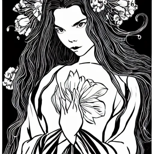 Prompt: black and white pen and ink!!!!!!! Suprani!!!!! wizard beautiful long hair Anya Taylor-Joy wearing High Royal flower print robes flaming!!!! final form flowing ritual royal!!! Contemplative stance Vagabond!!!!!!!! floating magic swordsman!!!! glides through a beautiful!!!!!!! Camellia!!!! Tsubaki!!! death-flower!!!! battlefield behind!!!! dramatic esoteric!!!!!! Long hair flowing dancing illustrated in high detail!!!!!!!! by Hiroya Oku!!!!!!!!! graphic novel published on 2049 award winning!!!! full body portrait!!!!! action exposition manga panel black and white Shonen Jump issue by David Lynch eraserhead and beautiful line art Hirohiko Araki!! Frank Miller, Kentaro Miura!, Jojo's Bizzare Adventure!!!! 3 sequential art golden ratio technical perspective panels horizontal per page