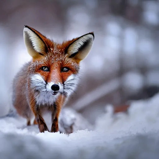 Prompt: mouse mixed with a fox searching for food in the snow, macro shot, soft light of winter, award winning photo, national geographic,