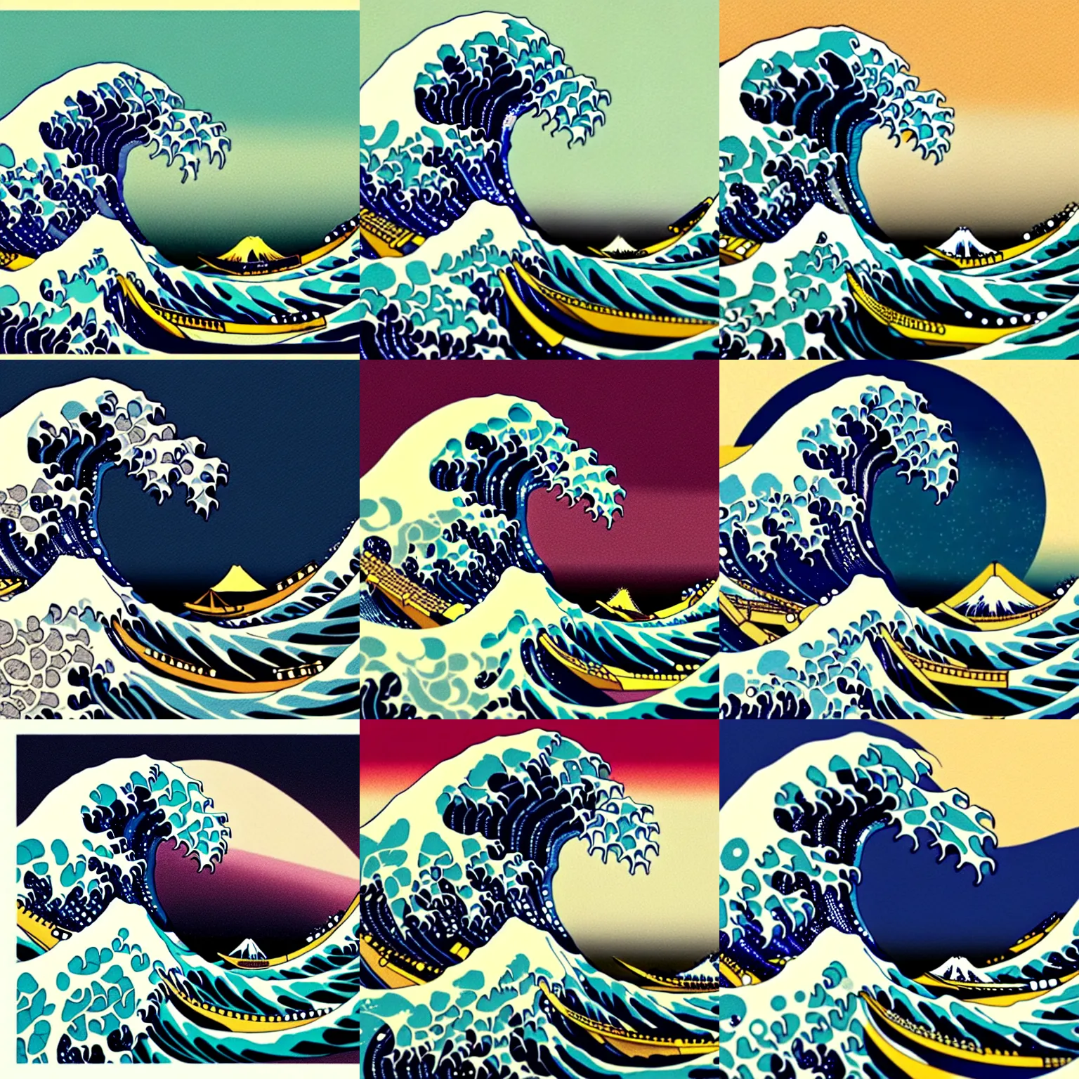 Prompt: The Great Wave off Kanagawa in the Style of Atey Ghailan and Mike Mignola and Victo Ngai, vibrant colors, hard shadows, trending on artstation