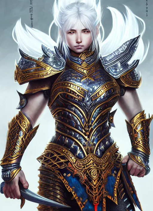 Image similar to warrior, intricate ornate opal heavy armor!!! beautiful and athletic white hair female!! monster hunter!! character concept art, sharp focus, octane render! unreal engine 5! highly rendered!! trending on artstation!! detailed linework!! illustration by artgerm, wlop, and chie yoshii