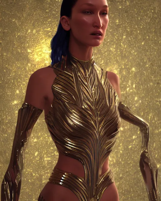 Image similar to a highly detailed metahuman 8 k close up render of bella hadid death and life painting by gustav klimt trending on artstation made in unreal engine 4