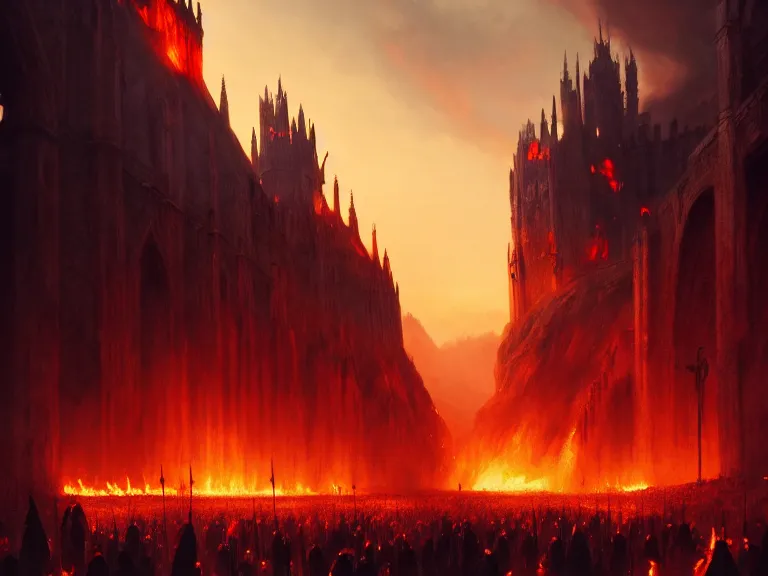 Prompt: medieval cities on fire, lord of the rings, game of thrones, unreal 5, cinematic, 8 k, unreal engine, beautiful, smoothly, sunset, concept art, artstation, by wlop, by greg rutkowski, oil painting