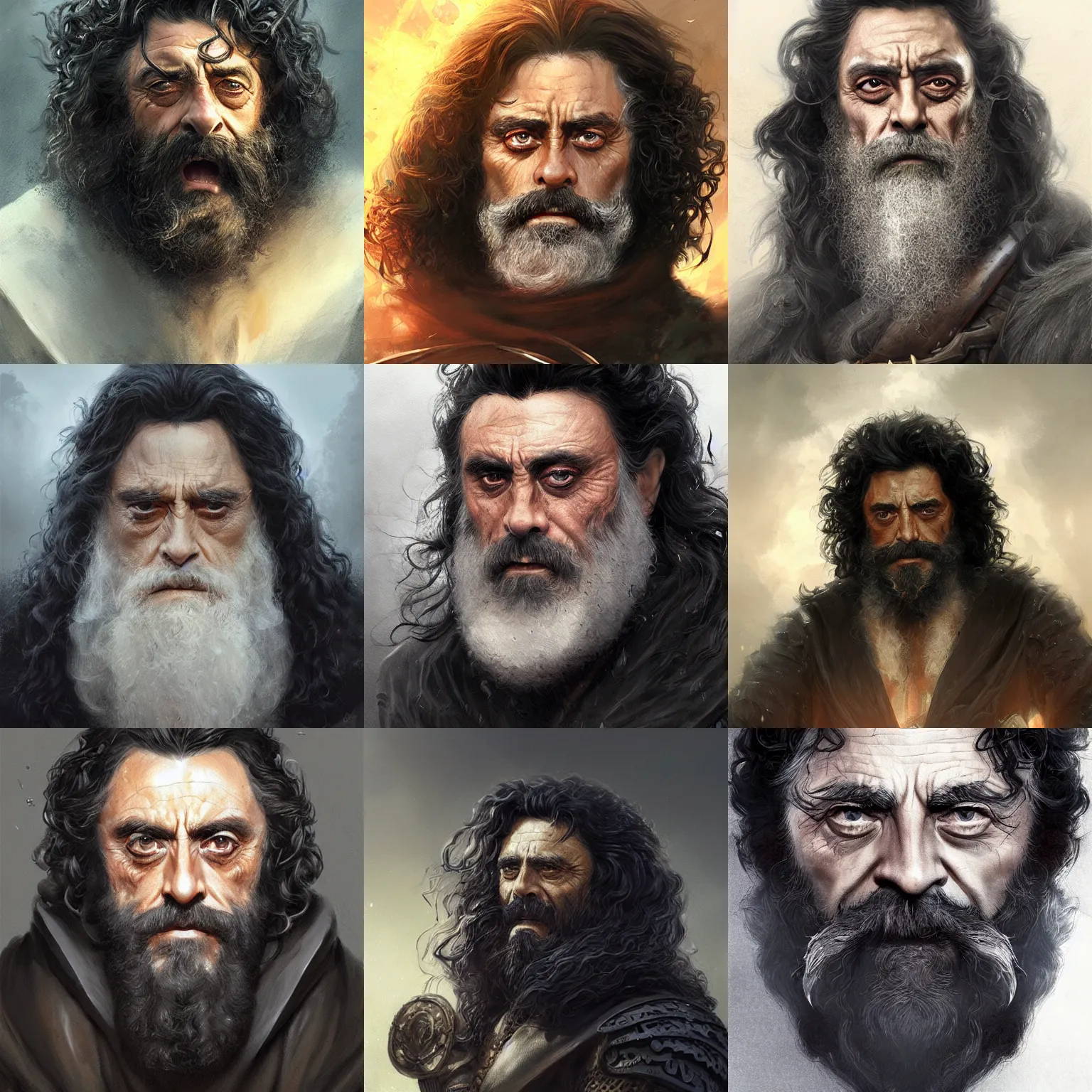 Prompt: ian mcshane, curly black beard, emperor of the underworld, D&D, fantasy, portrait, highly detailed, digital painting, trending on artstation, concept art, sharp focus, illustration, art by artgerm and greg rutkowski and magali villeneuve