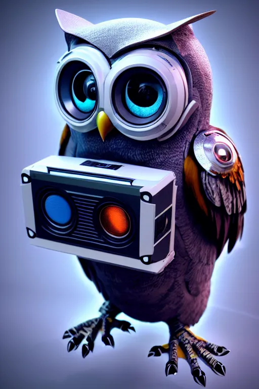 Image similar to high quality 3 d render very cute cyborg owl! with boombox!, cyberpunk highly detailed, unreal engine cinematic smooth, in the style of blade runner & detective pikachu, hannah yata charlie immer, moody light, low angle, uhd 8 k, sharp focus