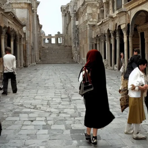 Prompt: scene from a 2 0 1 0 film set in ancient constantinople showing a woman using public transport