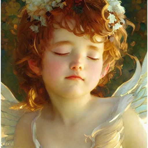 Prompt: detailed portrait of cute anime cherub, closed eyes, natural light, painting by gaston bussiere, craig mullins, j. c. leyendecker