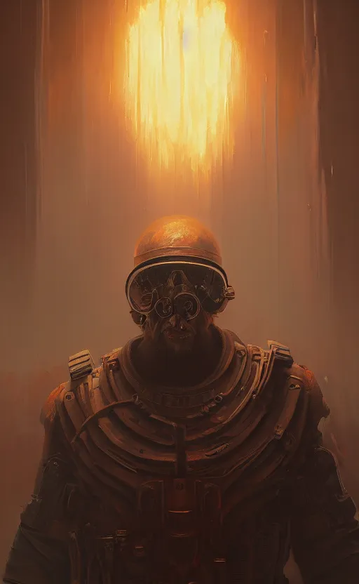 Image similar to cop of apocalypse from the disco elysium, concept art by aleksander rostov, oil painting, large strokes, artstation trending, symmetry, awesome exposition, very detailed, highly accurate, intricate, professional lighting diffracted lightrays, 8 k, sense of awe, gamers magazine cover