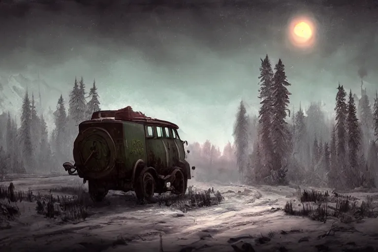 Prompt: [ uaz 3 9 0 9 bukhanka ] driving beside the syberian railroad, epic fantasy, winter, the elder scrolls v : skyrim, dramatic lighting, establishing shot, by simon stalenhag