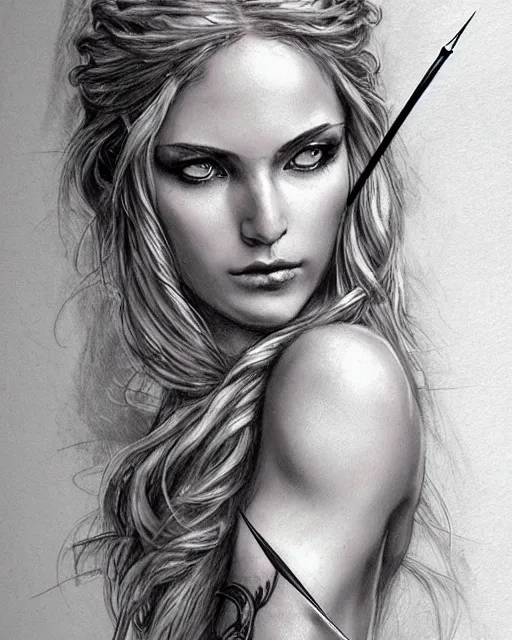 Image similar to tattoo sketch of beautiful greek goddess aphrodite, bow and arrow, beautiful piercing eyes, flowing blonde hair, realistic face, hyper realistic, in the style of greg rutkowski, fantasy, amazing detail, epic, intricate, elegant, smooth, sharp focus