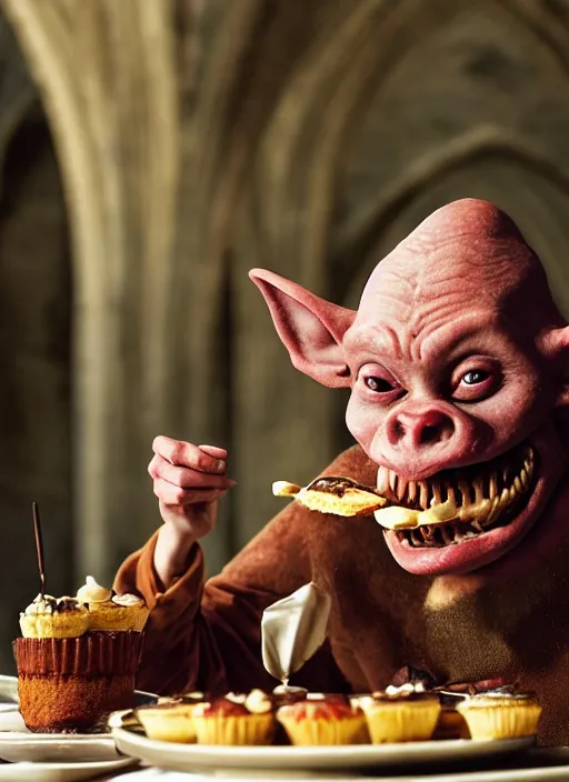 Image similar to closeup portrait of a medieval goblin eating cakes in the abbey, depth of field, zeiss lens, detailed, symmetrical, centered, fashion photoshoot, by annie leibovitz and steve mccurry, david lazar, jimmy nelsson, breathtaking, 8 k resolution, extremely detailed, beautiful, establishing shot, artistic, hyperrealistic, beautiful face, octane render