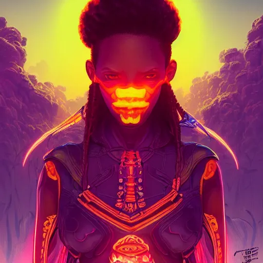 Image similar to african neon necromancer, science fiction, highly detailed, digital painting, beautiful eyes, symmetry, concept art, sharp focus, illustration, global illumination, radiant light, synthwave colors, detailed and intricate environment, art by artgerm and greg rutkowski and magali villeneuve and ilya kuvshinov!