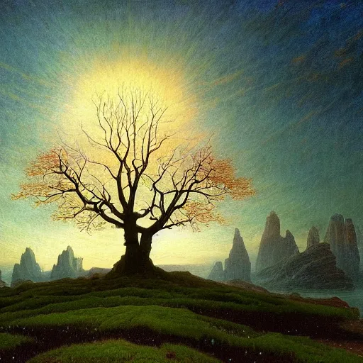 Image similar to a cosmic life tree by caspar david friedrich and albert bierstadt, digital art, artstation, low angle,