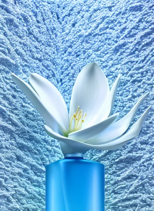 Prompt: blue perfume standing in white enchanted sprarse blue flowers, in an ivory room well contoured smooth fair walls, up close shot, sharp focus, zen, clean, modern minimalist, zaha hadid octane highly render, 4 k, ultra hd,