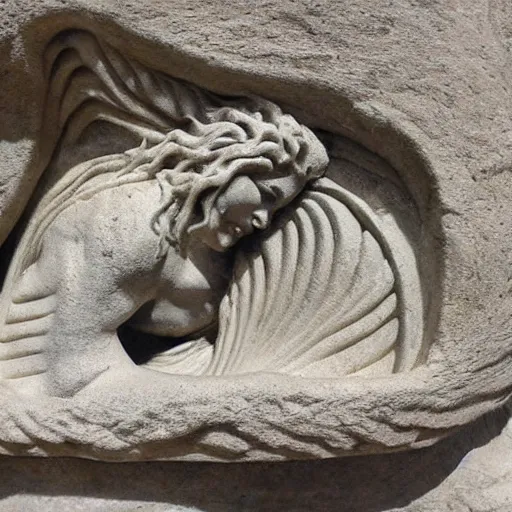 Image similar to creature in a wave carved in stone ancient Greek sculpture , very detailed, very intricate