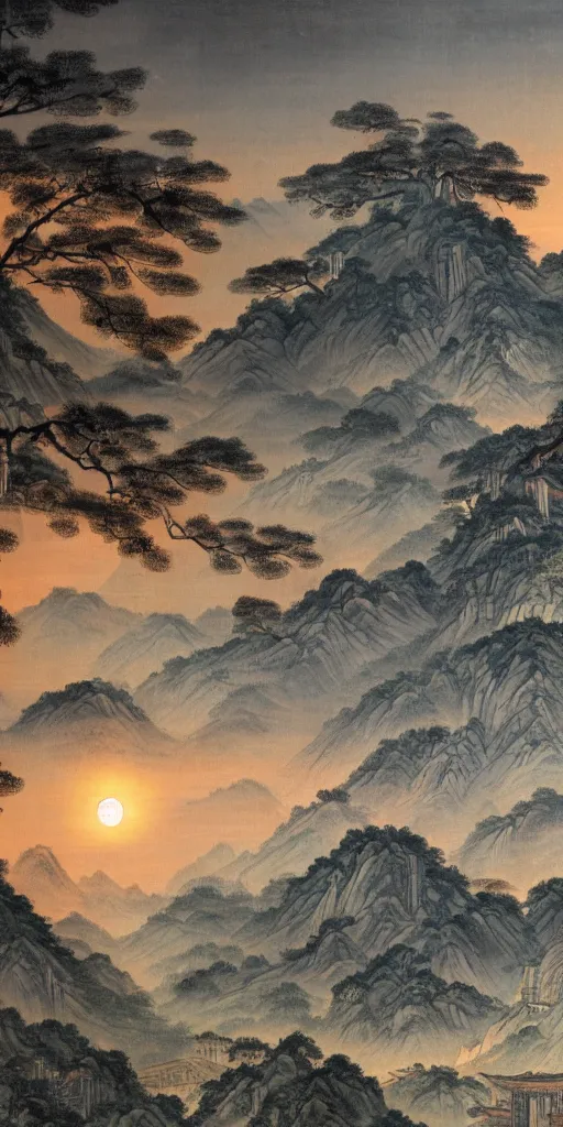 Prompt: the flaming sun up in the sky is scorching the dying trees and ruins in this ancient chinese landscape painting of hillsides detailed matte painting 8 k resolution