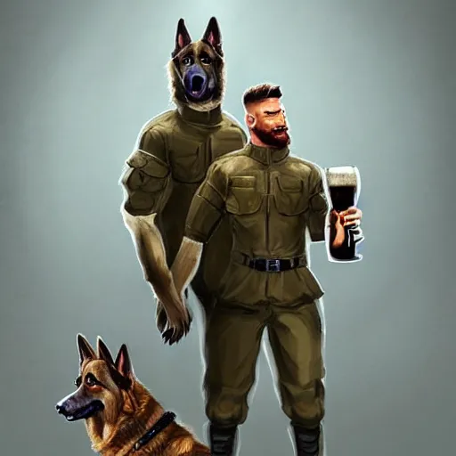 Image similar to two humanoid german shepherds beast - men in military style, they holding a beer, artstation, concept art, smooth, sharp foccus ilustration, artstation