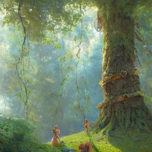 Prompt: a giant big tall tree lush with leaves and branches, and shrek, with a big window up in the canopy, someone is inside the window looking out to the milky way. highly detailed painting by gaston bussiere, greg rutkowski 8 k