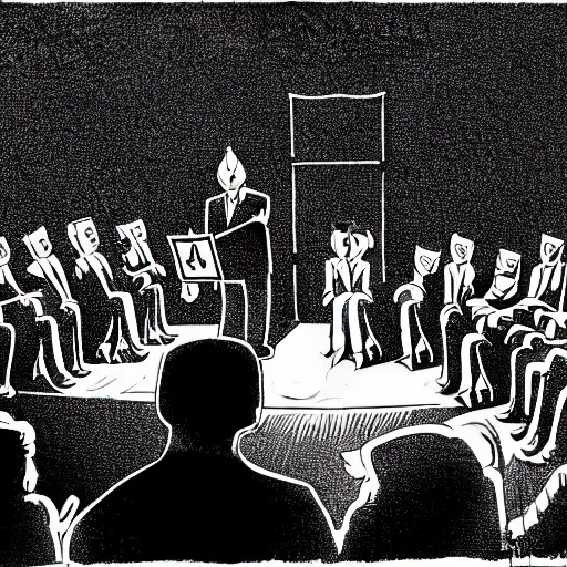 Prompt: an illustration from the backstage of a politician giving a speach to a crowd in a theather, theres are strings attached to the politician being controled by a creature in the shadows like a big goblin laughing mischievously, people don't seem to notice an cherish the spaeker, wide lens, volumetric lighting,