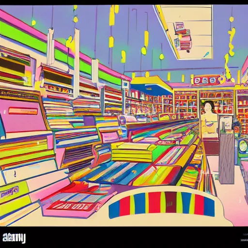 Prompt: inside of a record shop, 1960s saturday morning cartoon background, soft pastel colors