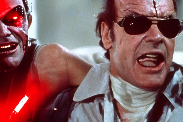 Prompt: Jack Nicholson plays Terminator, his one yes glow red, he is injured, still from the film