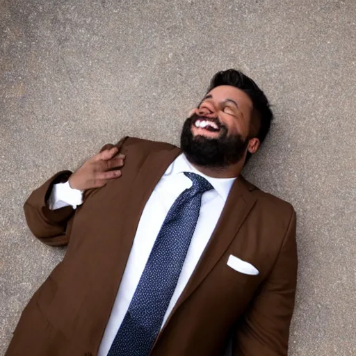 Image similar to A smiling chubby white clean-shaven man dressed in a chocolate brown suit and necktie is laying on the ground in New York city.