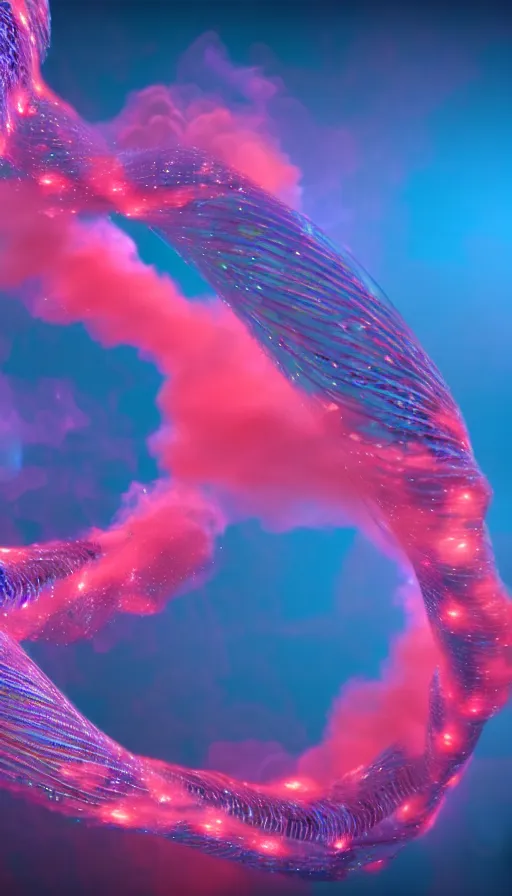 Image similar to 8 k uhd houdini recursive dna structure, background radiant swirling smoke wisps, dreamy colors, magical volumetric lighting, 1 8 mm lens