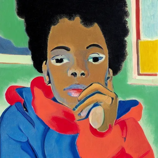 Image similar to early morning. a young ebony with afro hair wearing a wearing a cozy hoodie is texting on her smartphone. sunlight is entering through the window and beautifully lighting the face. depth of field, backlit, closeup, oil on canvas, art by henri matisse 1 9 4 4, in the style of dance by henri marisse, 1 9 1 0, smooth, fauvism, 2 k