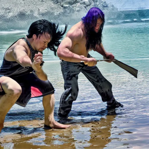 Prompt: ninja fighting vikings in shallow water