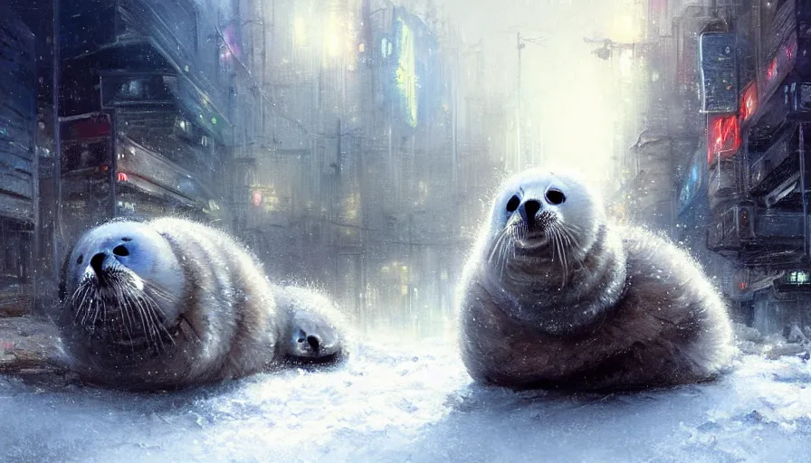 Image similar to highly detailed painting of cute furry white baby seals cuddled up in a cardboard box in a snowy dystopian cyberpunk street by william turner, by greg rutkowski, by artgerm, thick brush strokes and visible paint layers, 4 k resolution, retrowave colour scheme