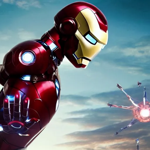 Image similar to promotional image of Shinzo Abe as Iron Man in Iron Man（2008）, he wears Iron Man armor without his face, movie still frame, promotional image, imax 70 mm footage