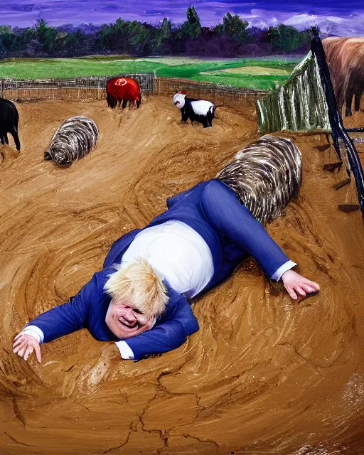 Image similar to a painting of uk politician former prime minister boris johnson rolling around in a pig pen covered in mud, 4 k detail