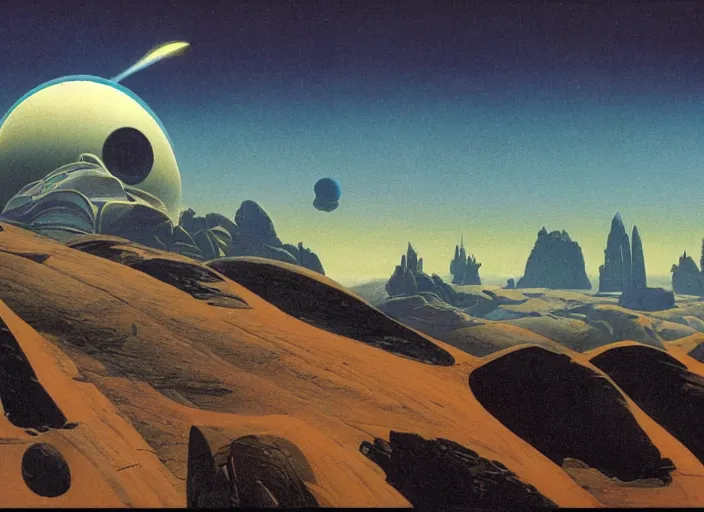 Prompt: a spaceship in a stunning landscape by chesley bonestell