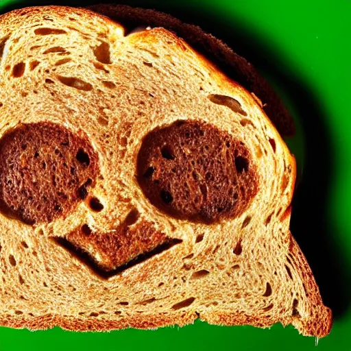 Prompt: slice of toast with yoda's face branded into the center of it