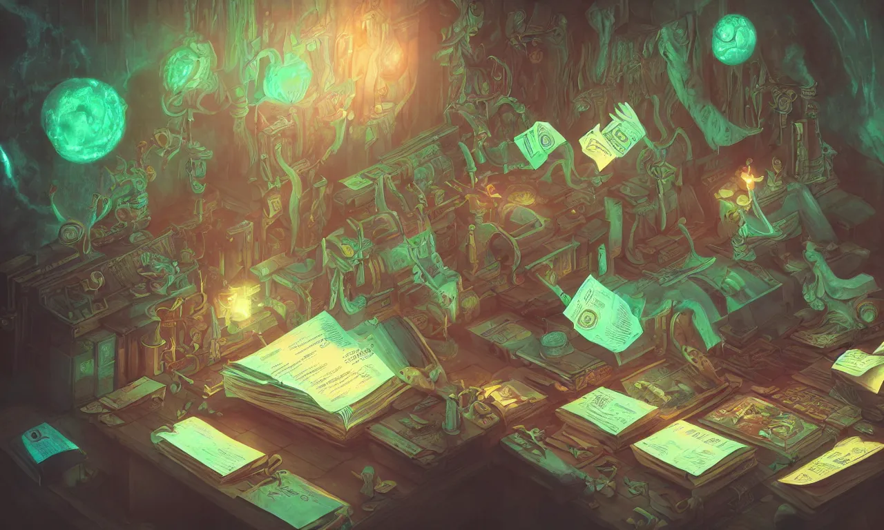 Prompt: workstations, kerberos realm, faked ticket close up, wizard reading a directory, nordic forest colors, 3 d art, digital illustration, perfect lighting