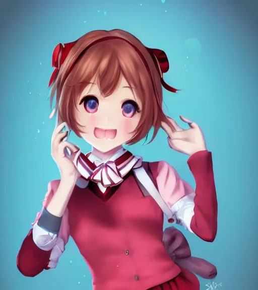 Prompt: portrait of Sayori from Doki Doki Literature Club, detailed facial features, optimistic colors, bright eyes, clear eyes, warm smile, delicate, red bow, school girl, by artgerm