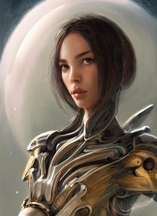 Image similar to a professional painting of a beautiful young female alien, clothed in ethereal armor, olive skin, long dark hair, beautiful bone structure, symmetrical facial features, intricate, elegant, digital painting, concept art, smooth, sharp focus, illustration, from Valerian and the City of a Thousand Planets, by Ruan Jia and Mandy Jurgens and Artgerm and William-Adolphe Bouguerea